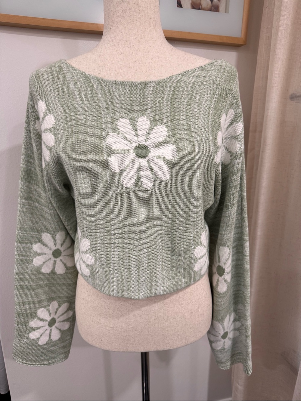 Altard State Daisy Knit Sweater XS Sage Green Cotton Cottagecore Floral Boho